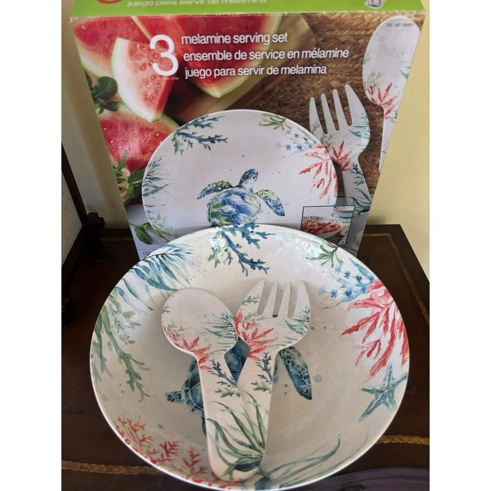 3 Melamine Serving Set Sea Turtle Serving Bowl Serving Utensils Summer Picnic